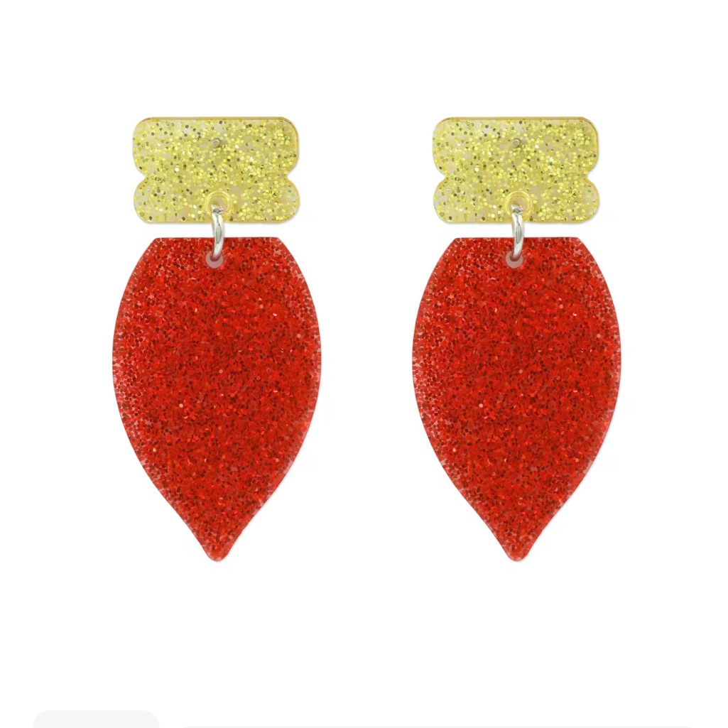 Festive Red And Gold Glitter Acrylic Christmas Lightbulb Earrings - New!